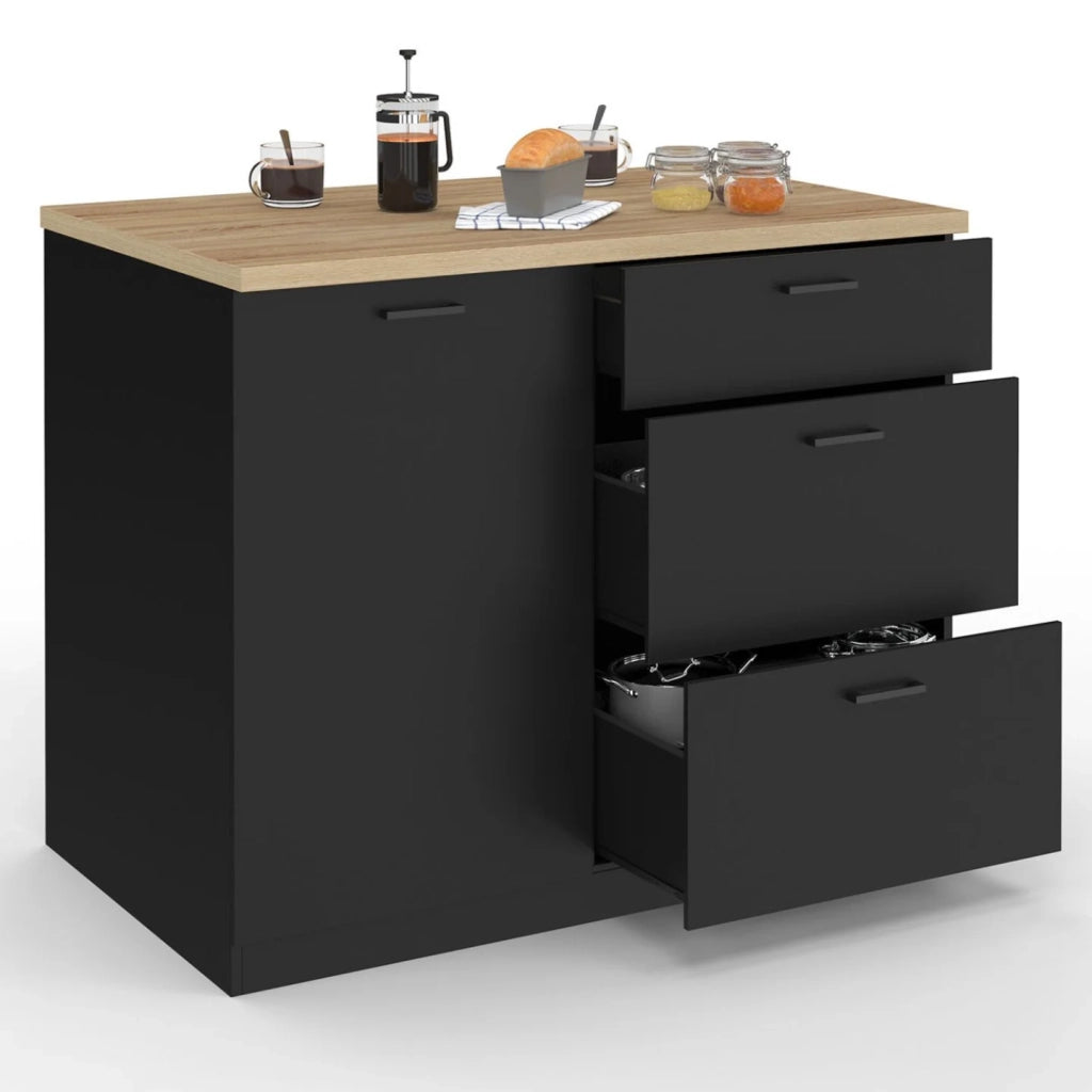 IDMarket - Isola centrale TIBO 110 cm con 3 cassetti in legno nero e piano di lavoro effetto faggio
