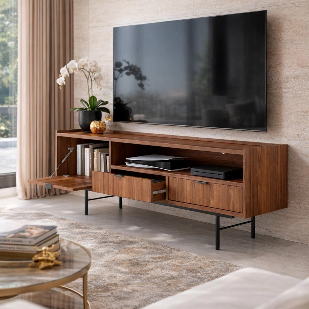 Mobile TV Con 1 Anta A Ribalta 2 Cassetti E Vano A Giorno Con Passacavo In Melaminico Per Soggiorno Salotto Zona Living Design Moderno Contemporaneo 150 X 40 X 55 Cm Noce