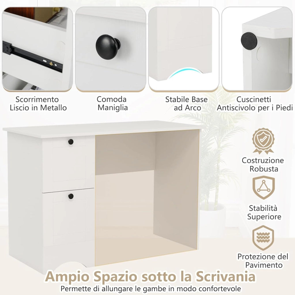 Scrivania per Computer con 2 Cassetti a Maniglia, Scrivania PC Salvaspazio Multifunzionale, Scrivania Gaming per Ufficio, Soggiorno, Camera da Letto e Studio, 109 x 50 x 75 cm (Bianco)