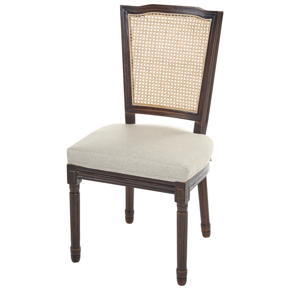 Set di 2 sedie da pranzo con struttura in legno e rivestimento in tessuto marrone scuro e beige, in stile country francese vintage con intreccio viennese