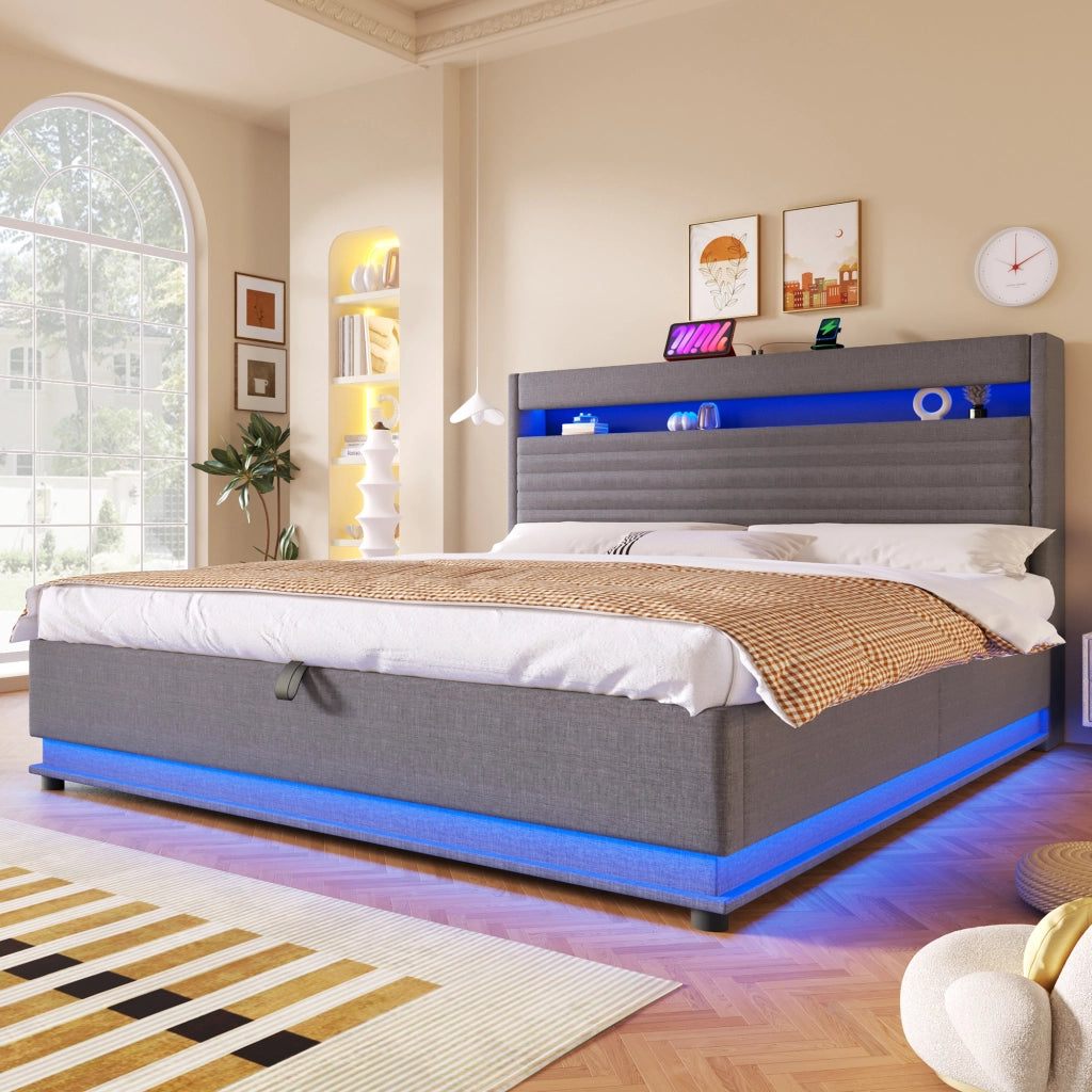 Letto Contenitore Matrimoniale 180x200 cm; USB Type-C; LED; con Rialzo Idraulico; Grigio