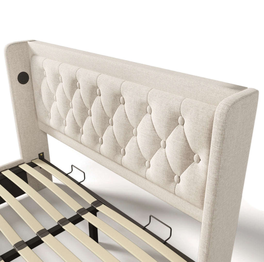 Letto contenitore ULEVR 140x200 cm beige in cotone con LED, USB e Type-C, testiera imbottita