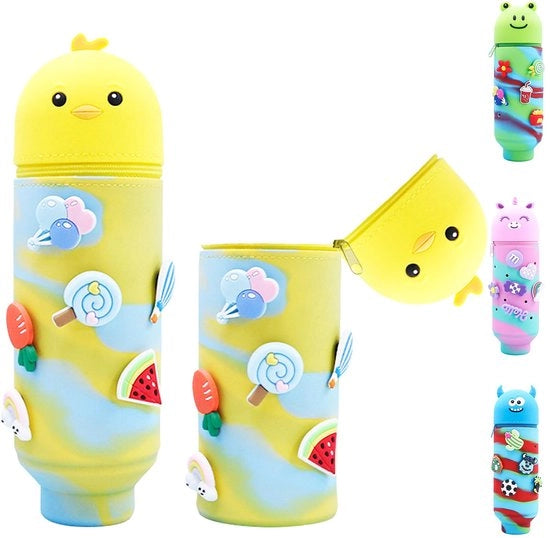 Etui Gele Kawaii, Penhouder 2-in-1 con Silicone, con 6 Badge Crocs, Etui Cartoon, Etui Telescopico per Ragazze e Adolescenti Regalo