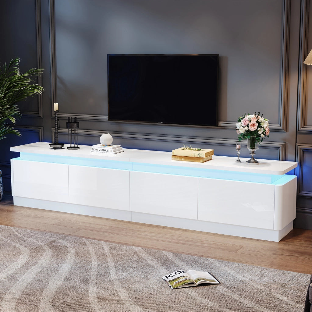 Mobile porta TV con LED, 4 cassetti e finitura lucida, per soggiorno, in truciolato bianco, 180 × 34 × 40 cm