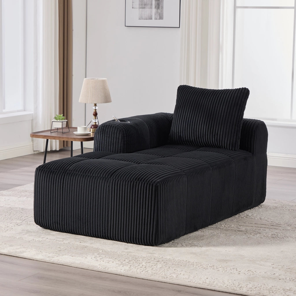 Sofa compatto in corduroy con tasche laterali e portabicchieri; nero; 158x93x61 cm