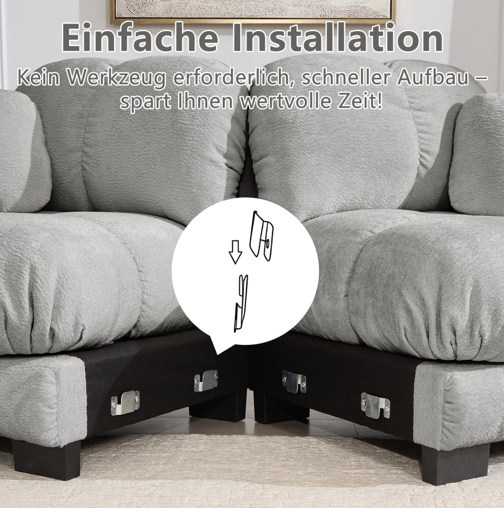 Divano modulare angolare a U 330x149x90 cm in ciniglia con pouf mobili; grigio chiaro