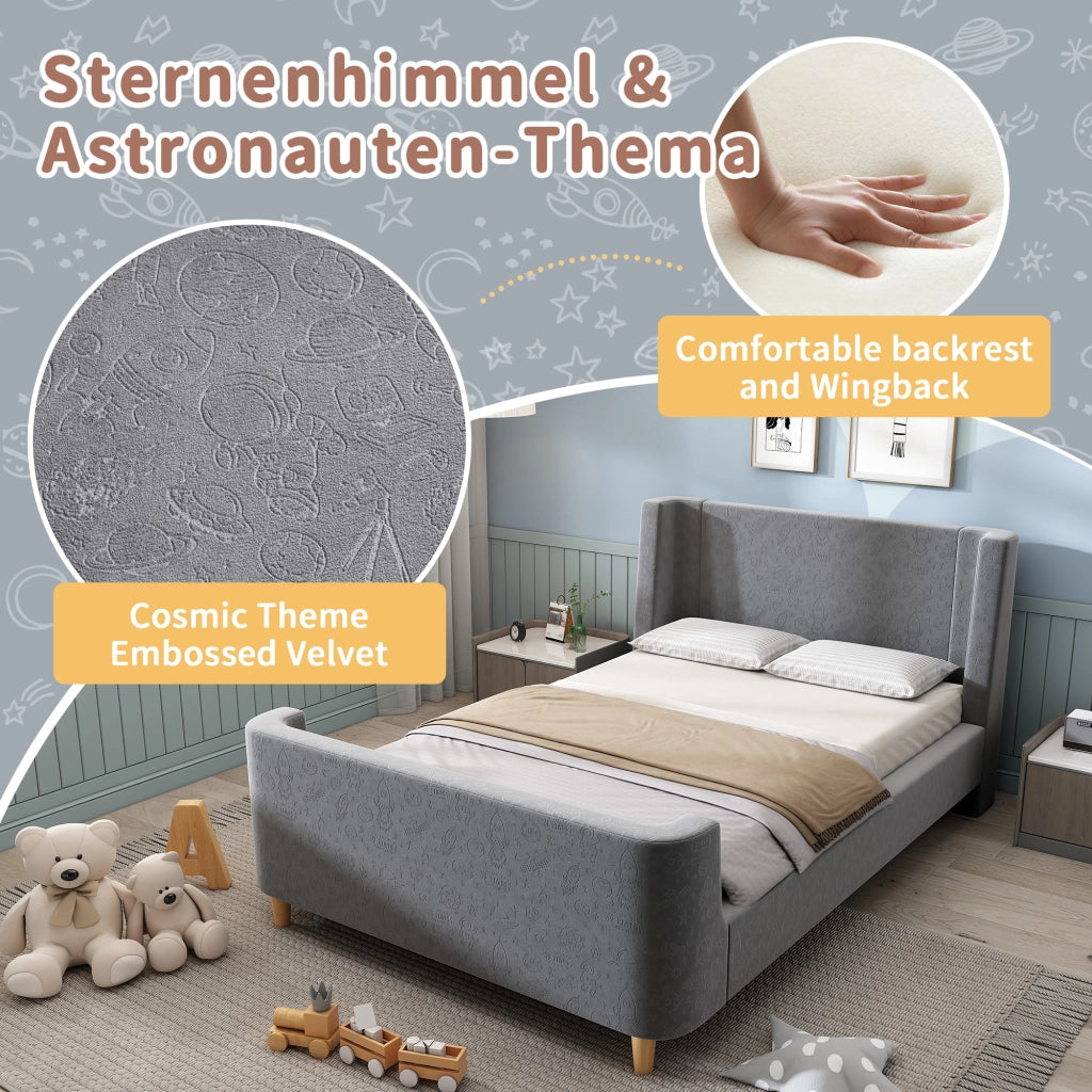 Letto Singolo 90 x 200 cm - Design a Slitta con Testiera Imbottita - in Velluto - Grigio
