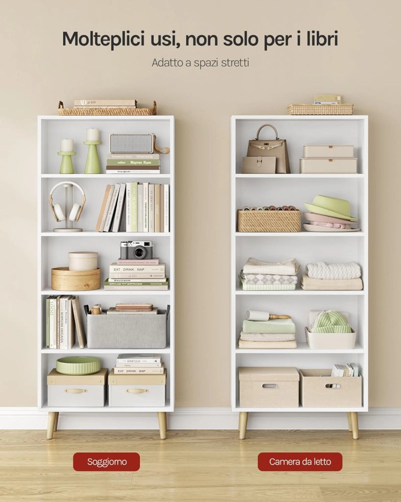 Libreria a 5 Ripiani, Scaffale Libreria da Terra Salvaspazio, Mobile Porta Libri in Legno Bianco Moderno, per Soggiorno, Camera da Letto, Studio, Ufficio, 60x24x144cm