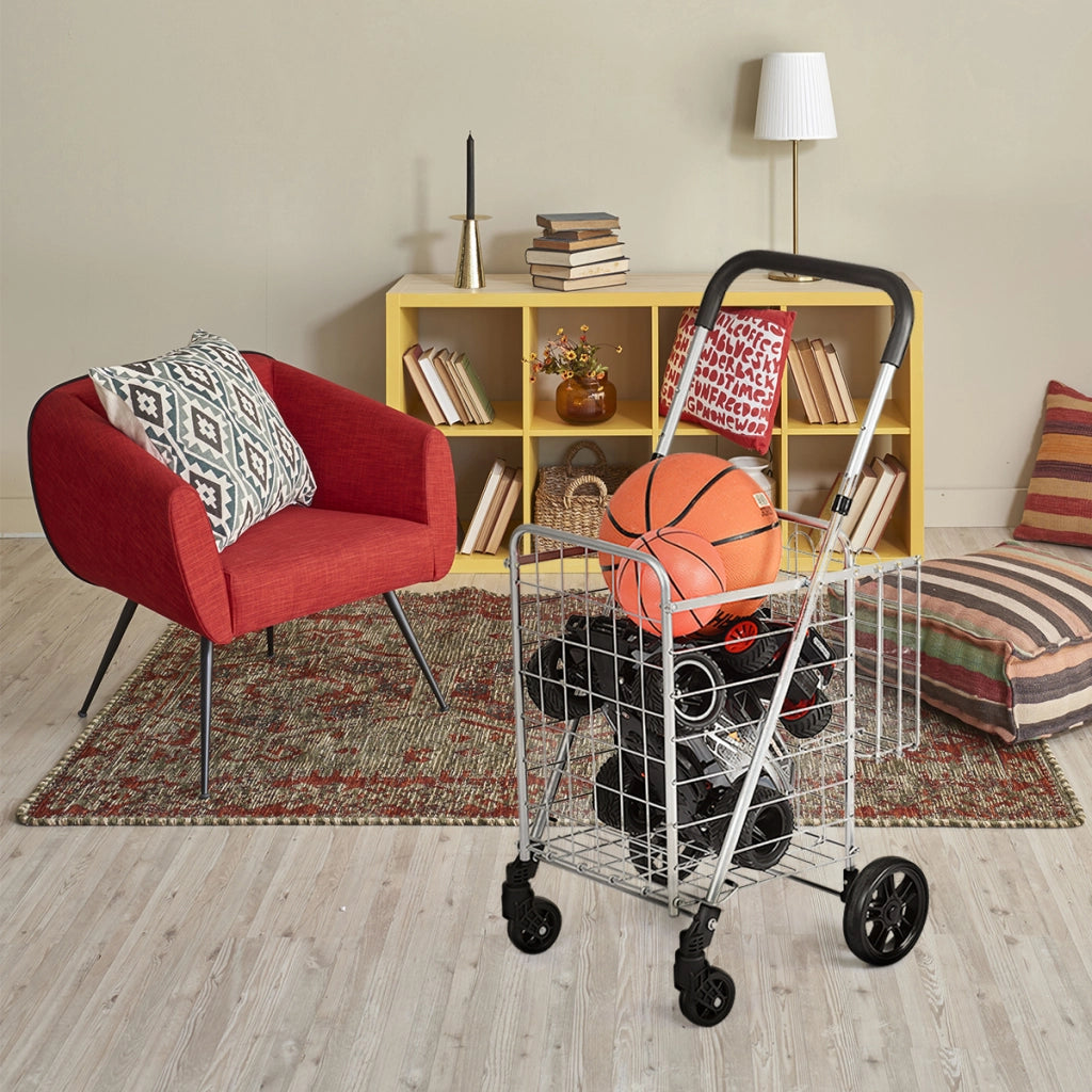 Carrello della spesa pieghevole con manico regolabile 4 ruote, Carrello multiuso per viaggio portatile Argento