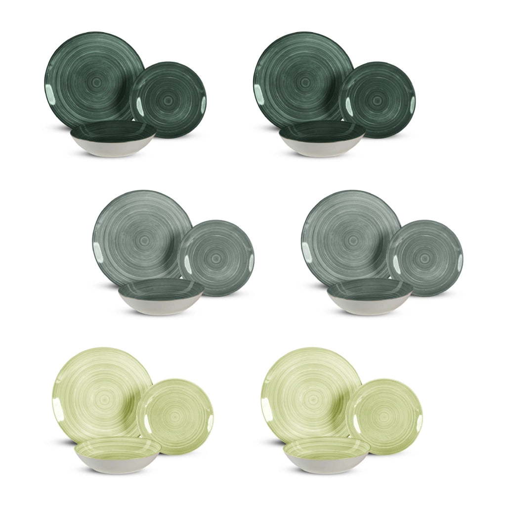 Set 18 Piatti in Porcellana Colorati Servizio Tavola Moderno 6 Persone Piatti Piani Ø27 cm, Fondi Ø20 cm e Dessert Ø19 cm Lavastoviglie e Microonde Certificati per Contatto Alimentare Terra