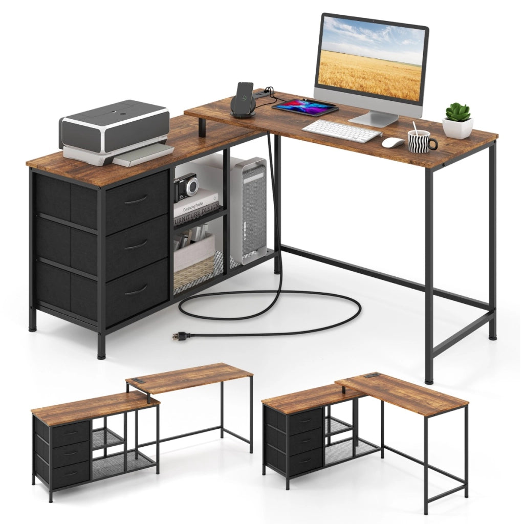 Scrivania per computer a forma di L con prese-Scrivania convertibile con 3 cassetti di tessuto e ripiani in metallo Marrone