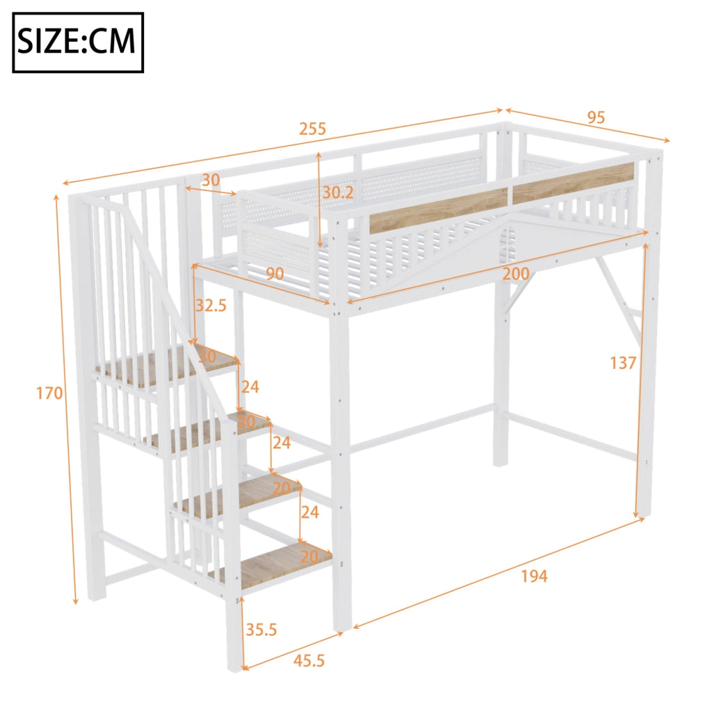 Letto a soppalco 90x200 cm con scala di sicurezza; metallo e legno
