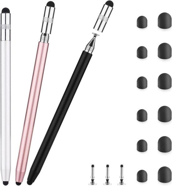 Penna capacitiva universale per smartphone e tablet - 3 pezzi - Multifunzionale - Penna touchscreen con punta in gomma - Diametro schijf 0,5 cm e 0,7 cm - Per e-reader - Nero