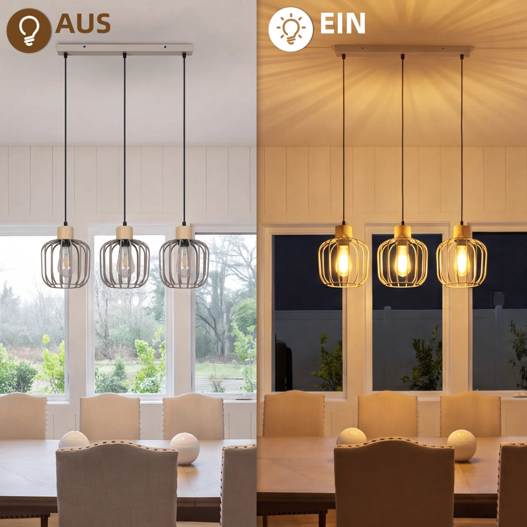 ZMH Lampada a Sospensione 3 Luci Grigio Legno E27 Moderna per Cucina Isola Soggiorno Camera Senza Lampadina