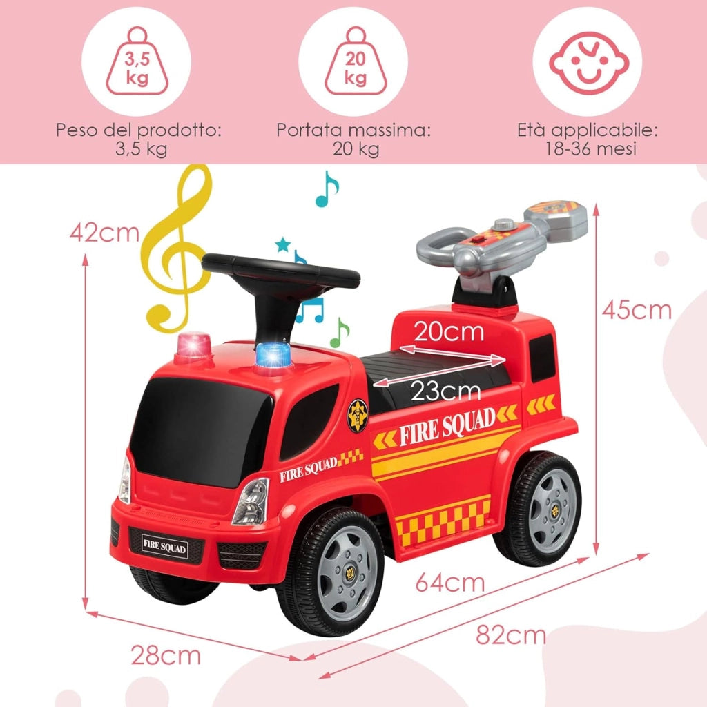 Giocattolo Cavalcabile a Spinta per Bambini, Camion dei Pompieri per Bambini con Funzione Bolla Musica Luci Allarme, per Bambini 18-36 Mesi (Rosso,1)