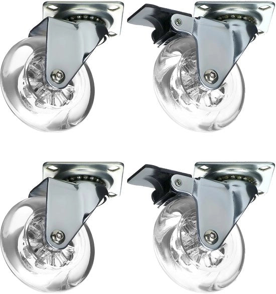 4 ruote da seggiolino trasparenti 75 mm, ruote per pavimento in poliuretano, carico di 40 kg (2 con freno, 2 senza freno)