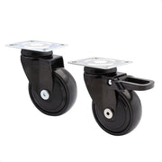 Set di ruote di scorrimento per mobili - 3C - 2 ruote, 1 senza freno, 1 con freno, superficie morbida, diametro 75 mm, bielle a rulli, carico di 75 kg/ruota - 02227702