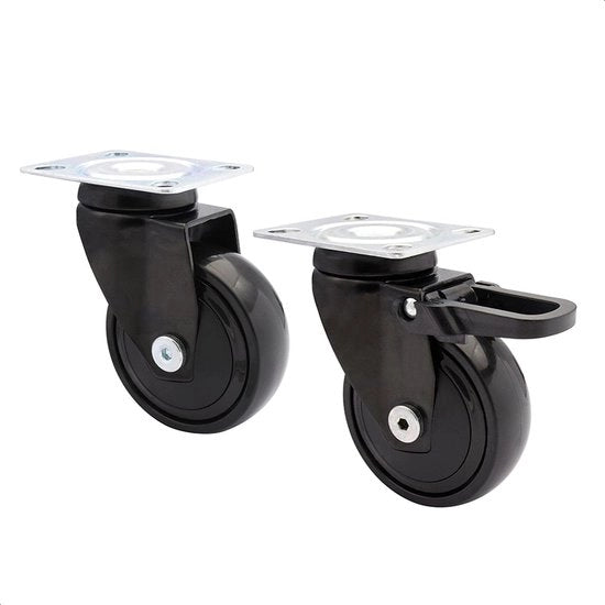 Set di ruote di scorrimento per mobili - 3C - 2 ruote, 1 senza freno, 1 con freno, superficie morbida, diametro 75 mm, bielle a rulli, carico di 75 kg/ruota - 02227702
