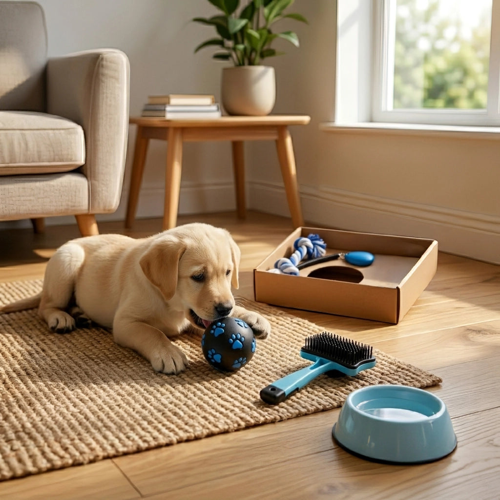 Kit Accessori per Cani 5 Pezzi con Ciotola, Spazzola, Palla Gioco, Corda e Guinzaglio Retrattile, Set Regalo per Cuccioli e Cani di Piccola Taglia Blu