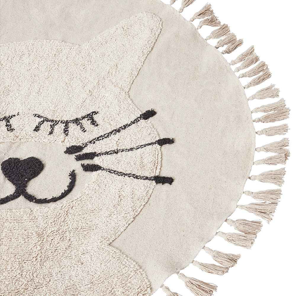 Tappeto Beige Cotone ø 120 cm Rotondo Decorativo Gatto Motivo Nappe Stile Boho Soggiorno Bambini Camera dei bambini