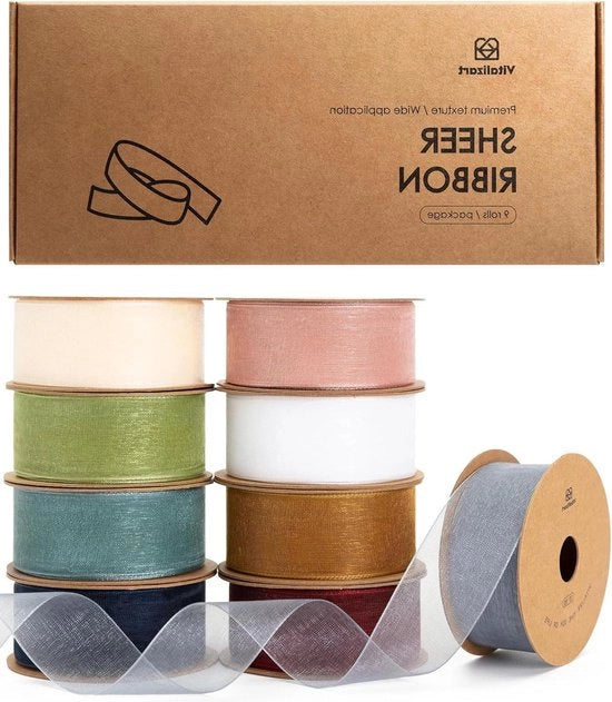 Set di Sete Organza a Colori Mista - 90 Yd - Manufatto a Mano, Ecologico - 25 m x 9 Rulli - Per Regali, Abeti, Artigianato - Matrimonio, Inviti, Ghirlande, Avvolgimento