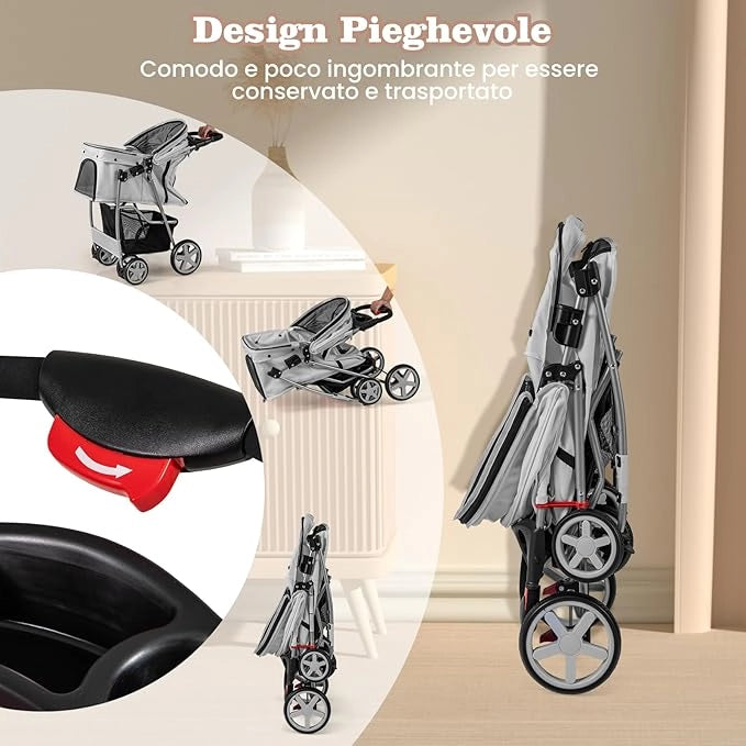 Passeggino per Cani Piccoli Pieghevole, Fino a 15 kg, Ruote 360° con Freni, Cuscino, Porta Doppio, Finestre, Cestino, Portabicchieri, Carrozzina Portatile (Grigio)