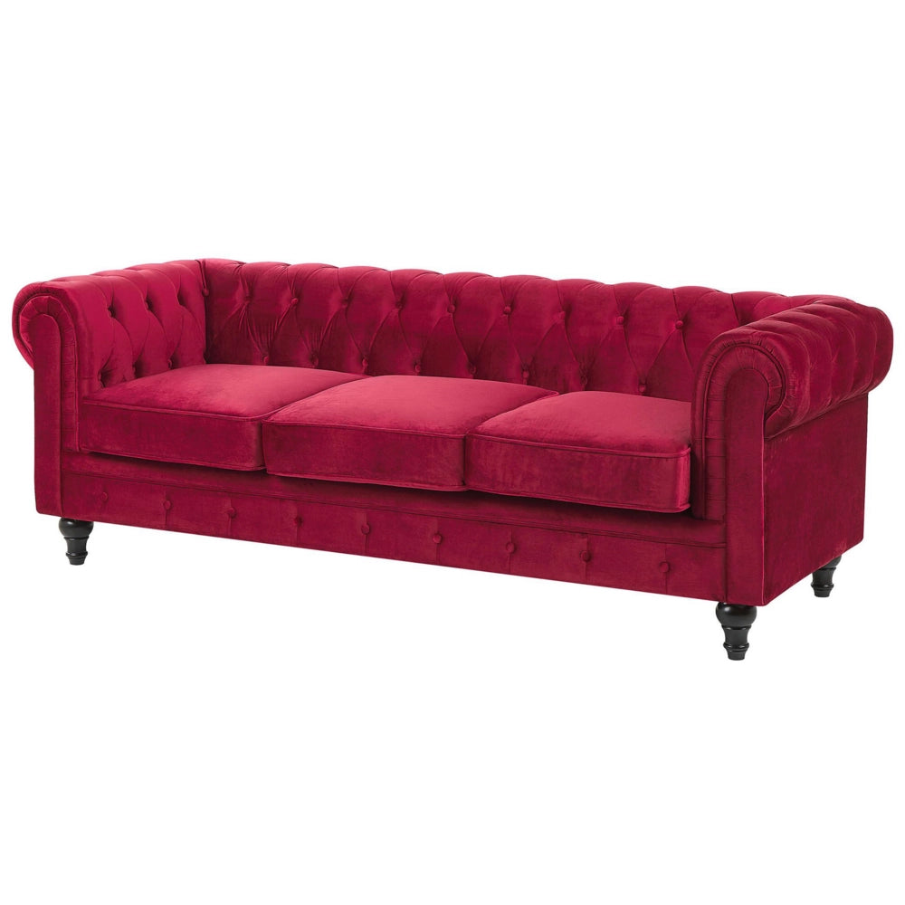 Divano Chesterfield Tessuto Velluto Rosso Scuro Rivestimento Gambe Nere 3 Posti