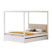Letto a tenda 140x200 cm; con cassetti e testiera imbottita; legno bianco