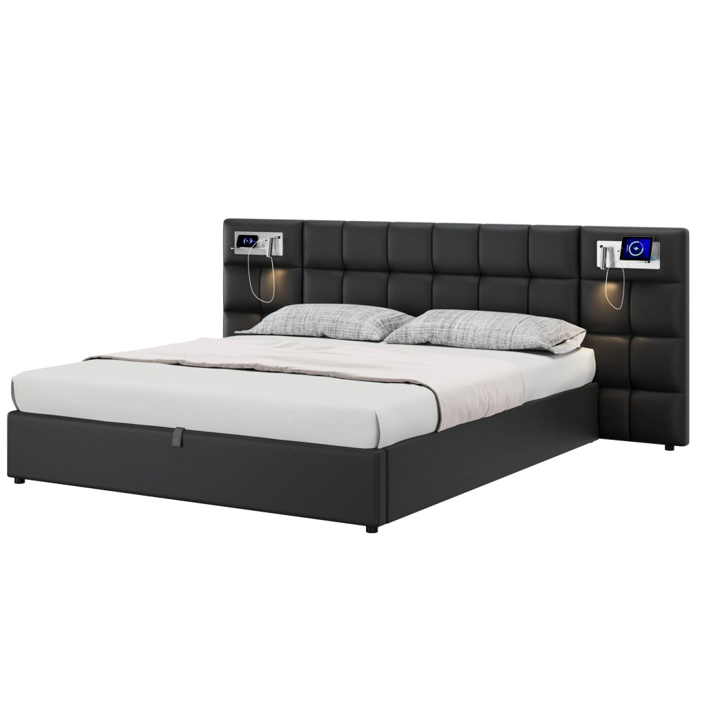 Letti contenitori 180x200 cm; sollevabile idraulico con USB e ricarica wireless; PU nero (Senza materasso)