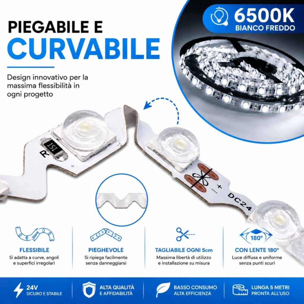 24V Bobina Striscia Led Curvabile Ripiegabile Bianco Freddo Con Lente 180 Gradi 20W/M 8mm 300 smd 6060 Per Cassone Pubblicitario Senza Ombra BL2454F MS12546
