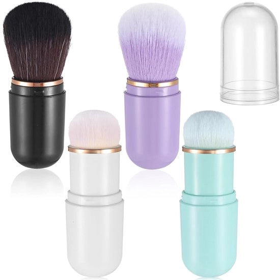4 Set di Pennelli Kabuki Estensibili – 4 Colori – Con Coperchio – Portatile – Per Polvere, Fondotinta, Liquido & Cremo – Ideali per il Viaggio