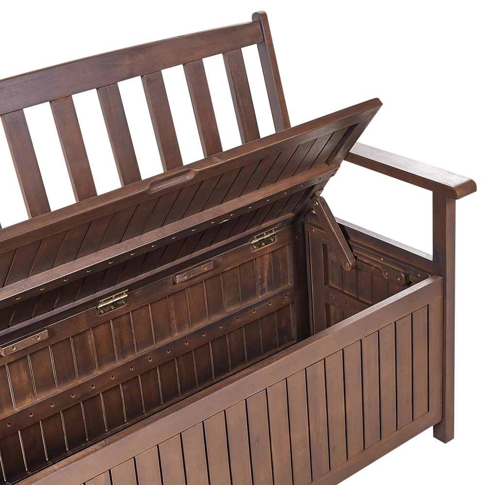 Panca da Esterno con Contenitore in Legno Massello di Acacia 2 Posti 120 cm Colore Scuro e cuscino rosso