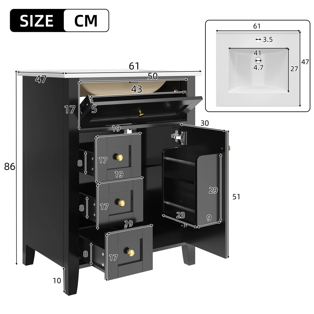 Mobile sottolavabo con 1 anta; 3 cassetti e lavello ceramica per bagno; 61×47×86 cm; nero