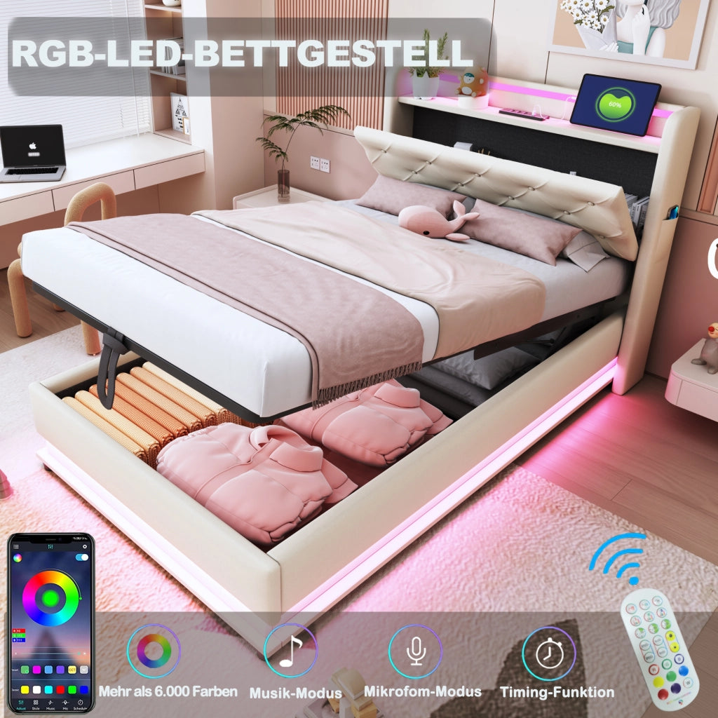 Letto singolo 90×200 cm con contenitore; testiera apribile; LED; USB e Type-C; senza materasso; lino; beige