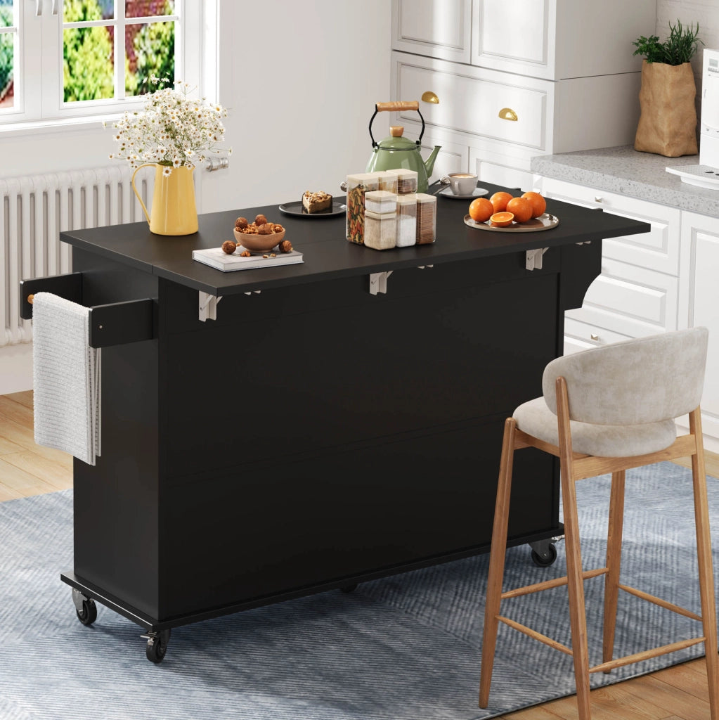 Isola da cucina mobile nera con piano pieghevole 120 cm