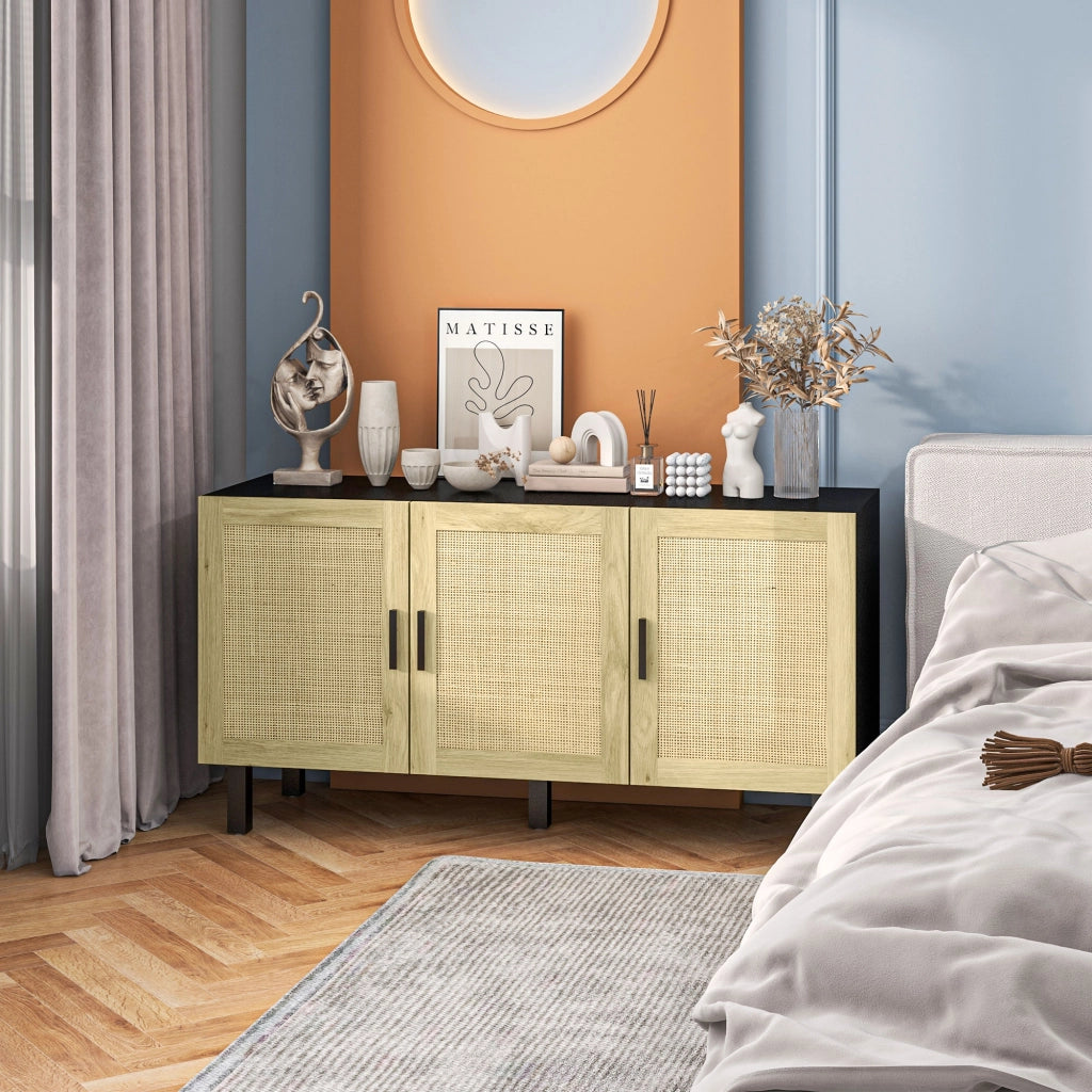 Mobile contenitore con ante effetto cannage ¨C Xylo ¨C 136x41x70 cm nero e legno naturale