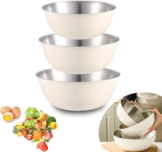 Set di Tazze in Acciaio Inox 3 pezzi, Tazze da Insalata Stivabili, Resistenti al Lavastoviglie - Preparazione per la Cucina e la Cottura - 1.2 L 1.8 L 2.5 L tazza per impasto di insalata
