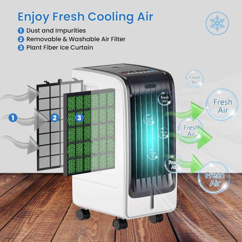 Raffreddatore d’Aria 75 W, 3 in 1 Air Cooler & Ventilatore & Umidificatore, 3 Modalità, 3 Velocità Regolabili, Timer 8 H, Serbatoio Acqua 6L, Telecomando, per Salone, Camera da Letto, Ufficio