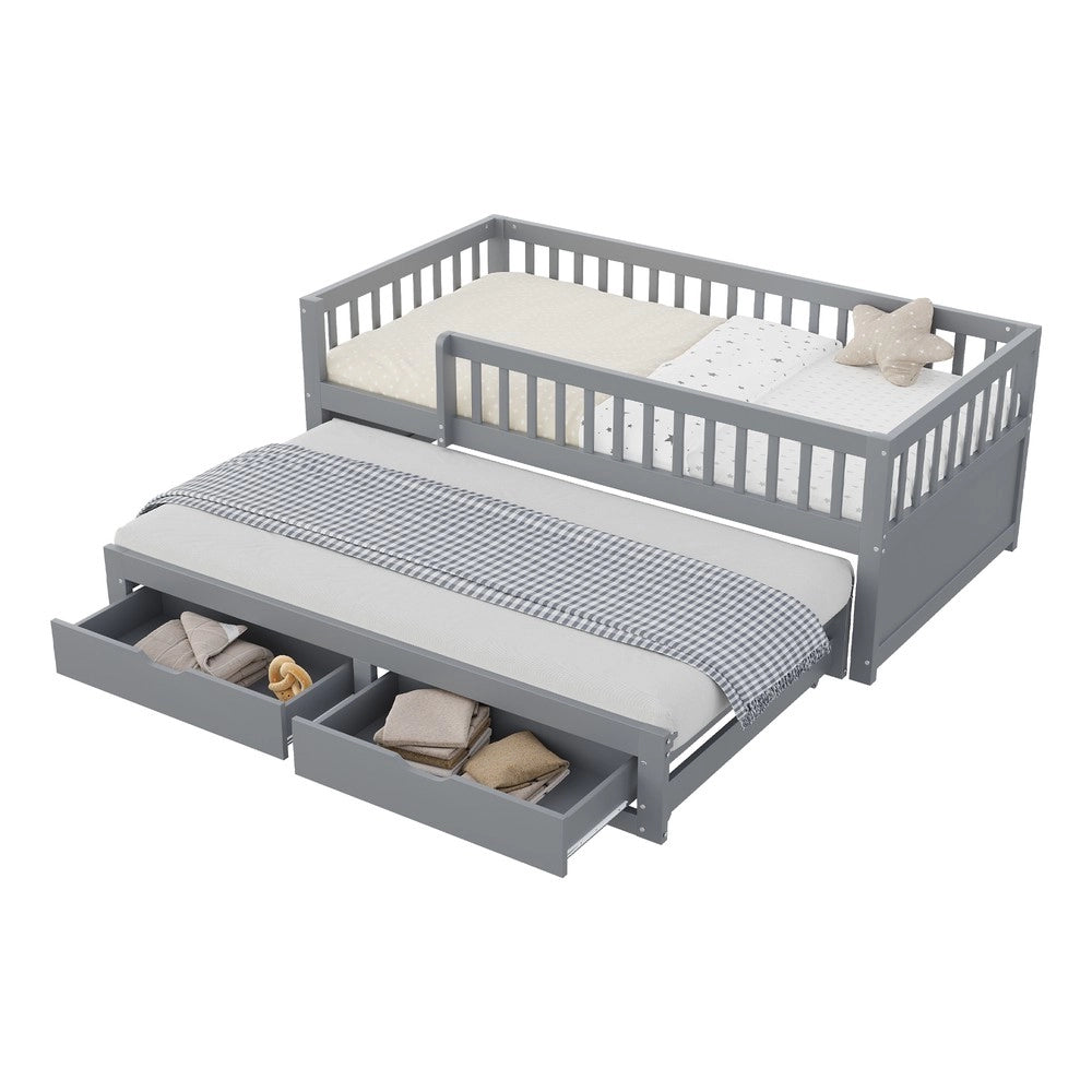 Letto in Legno Massello con 2 Cassetti e Rete a Doghe ¨C MINIMAL ¨C Grigio 90x200