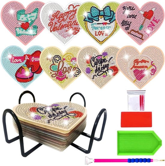 Onderzetters conica per diamantopittura con supporto, set di 8 sottoporta a forma di cuore in acrilico, sottoporta in vetro per diamantopittura, set di sottoporta per adulti per hobby manuale DIY