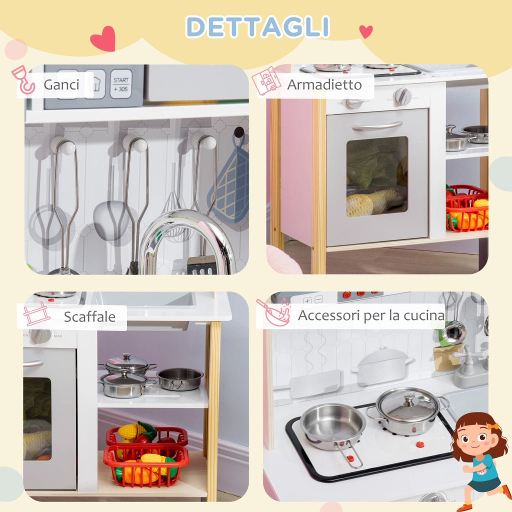 Cucina Giocattolo per Bambini con Altezza Regolabile, Suoni, Luci e Utensili, in MDF e PP, 60x30.5x93.2 cm