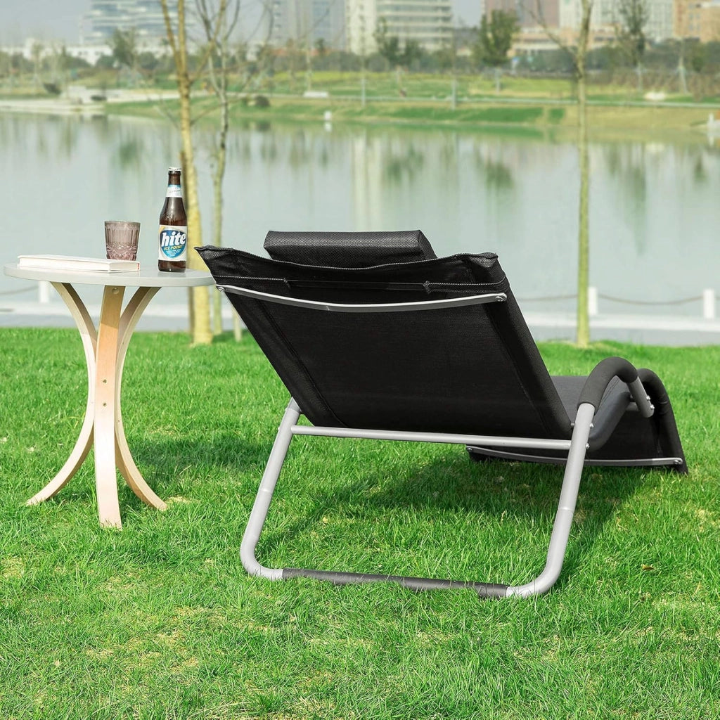 Lettino prendisole da giardino Sedia con poggiatesta Sdraio per esterni giardino spiaggia Sedia da campeggio Nero 165x55x67 cm OGS38-SCH