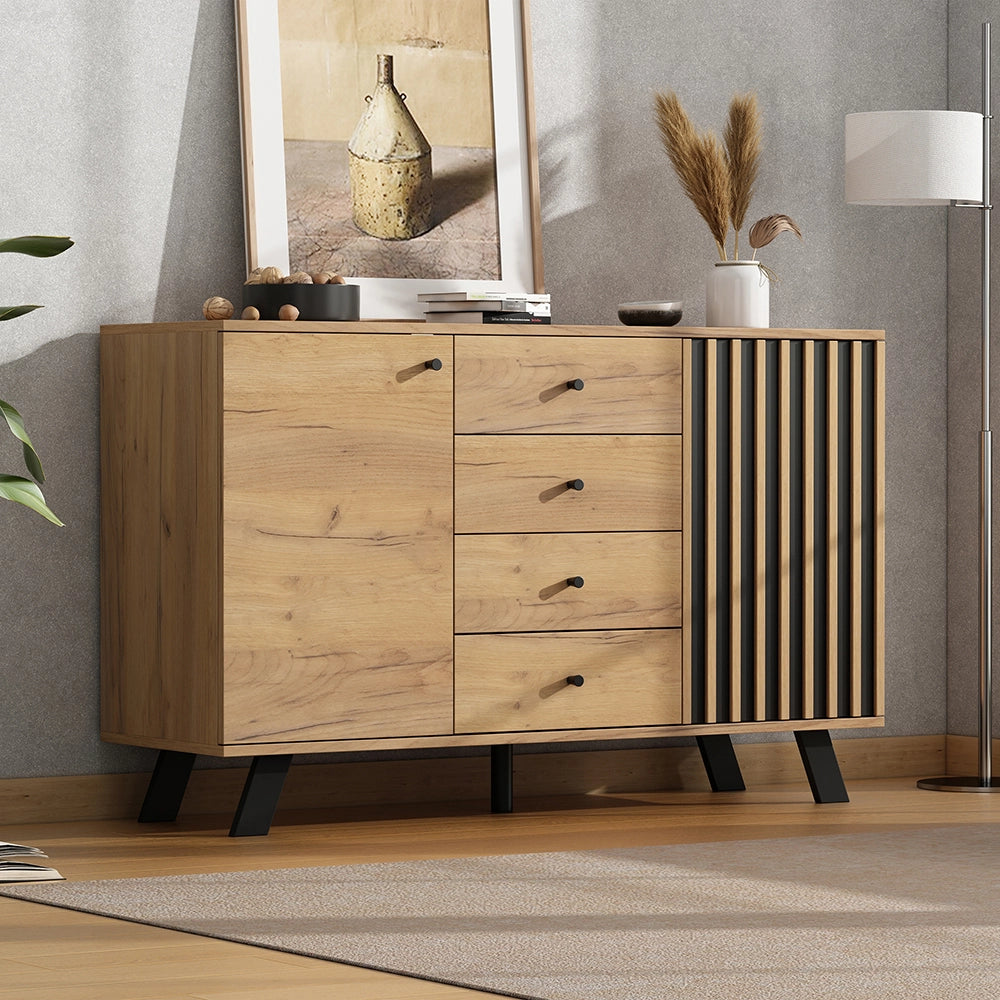 Credenza Soggiorno 120x38x75cm - Xylo - 4 Cassetti e 2 Ante, 5 Piedi Legno