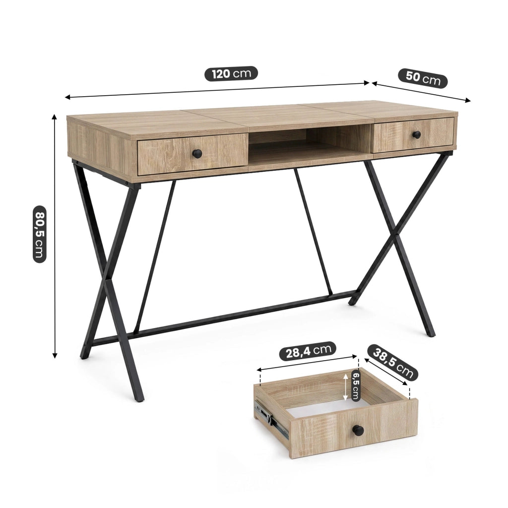 Scrivania PC industriale Rovere Sonoma CROSSLINE 120 cm 2 cassetti 1 ripiano gambe nere