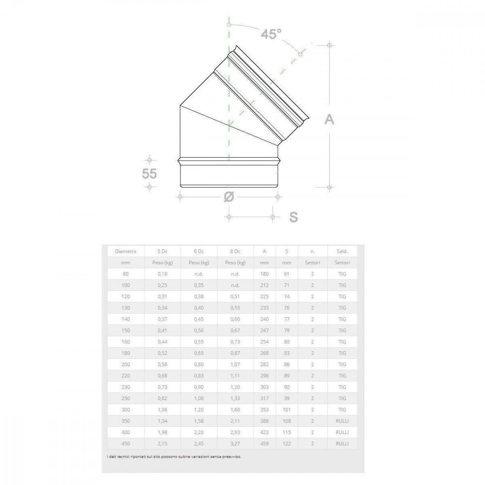 Gomito curva acciaio inox 220mm 5 decimi aisi 304, scegli se  45 gradi