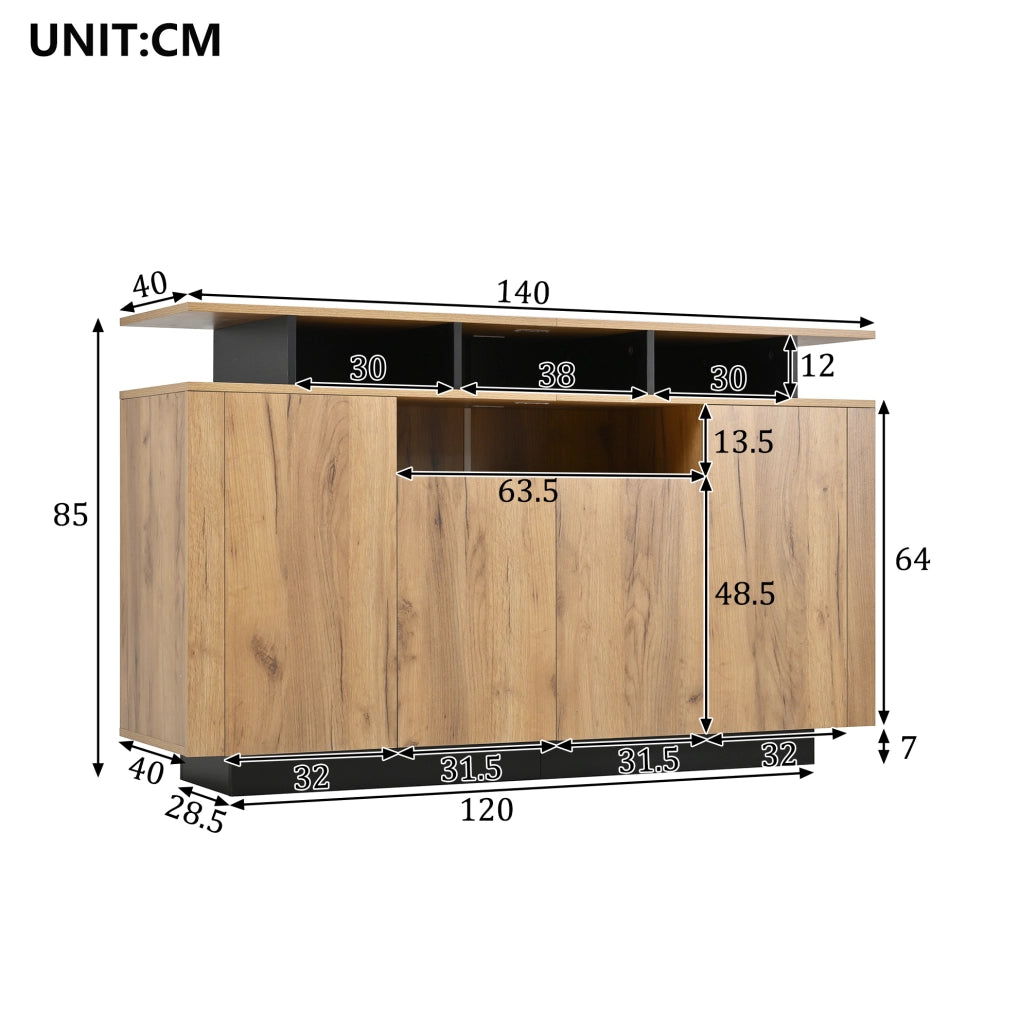 Credenza con 4 ante e 3 vani aperti, colore naturale