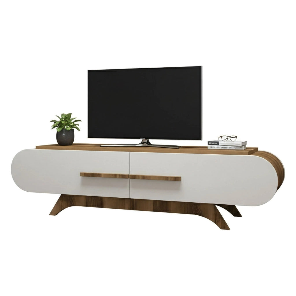 Mobile porta TV Baghdad, Credenza da soggiorno, Armadio basso per TV, Base parete attrezzata, 145x37h50 cm, Noce e Bianco