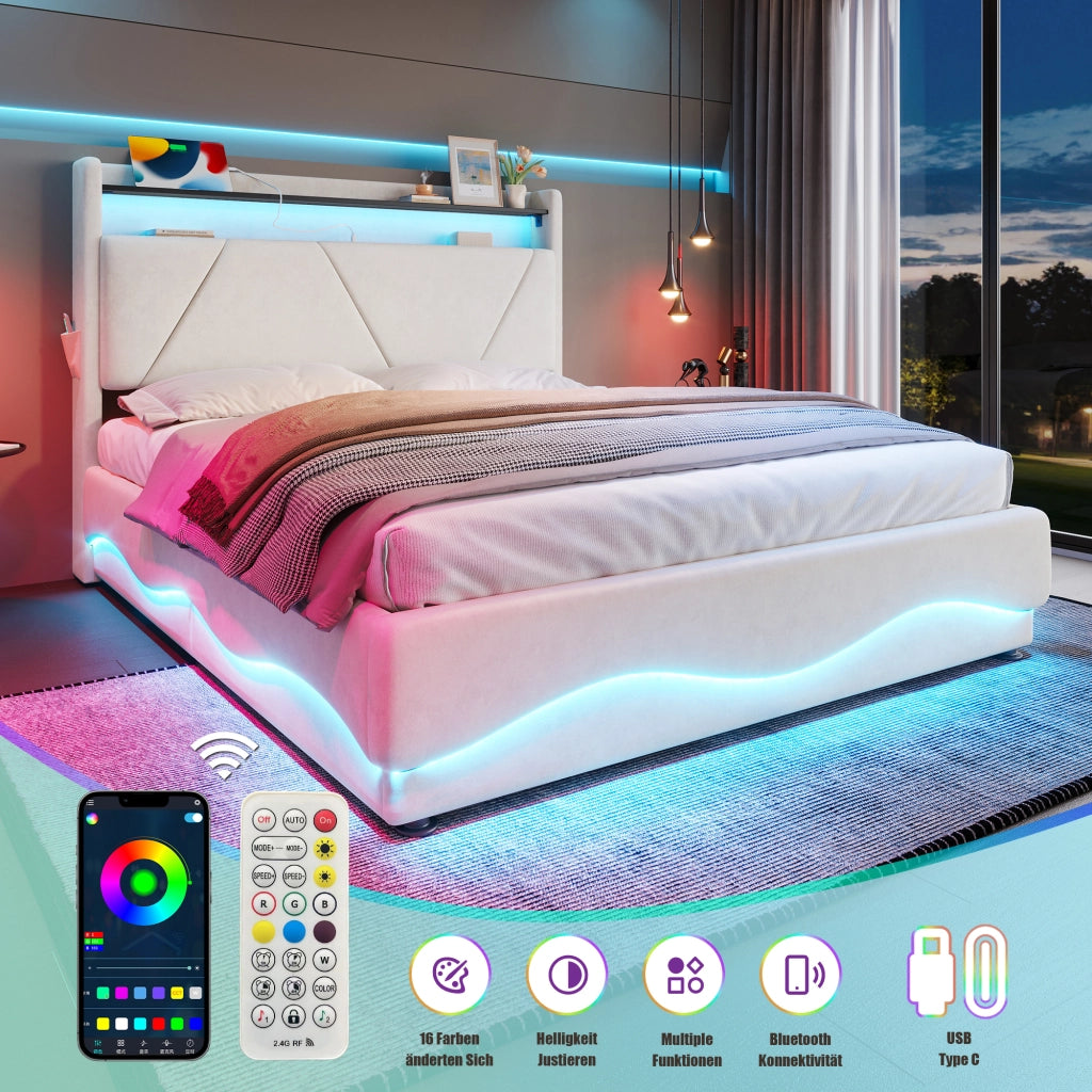 OKWISH Letto Contenitore 140×200 cm, Letto Matrimoniale con LED, USB, Tipo C, Mensole e Tasche Laterali, senza Materasso, in Velluto, Beige