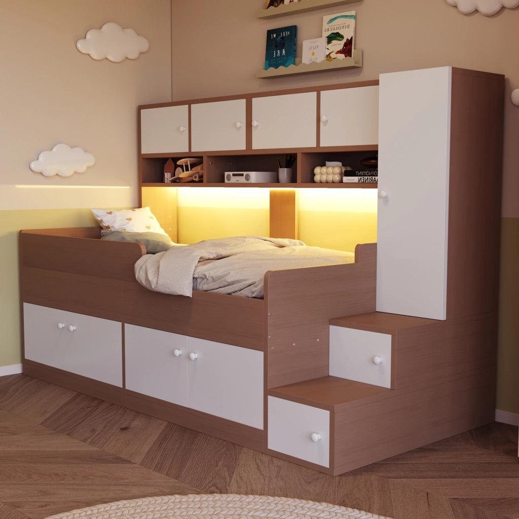 Letto Bambini in Legno con Contenitore, Armadio, LED e Scaletta ¨C MINIMAL ¨C 90x200