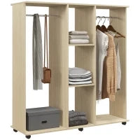 Armadio Aperto con 6 Ruote, 120L x 40P x 128A cm, in Legno, Color Naturale